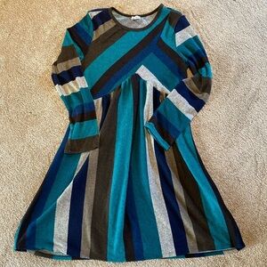 EGY California Knit Striped Long Sleeve Dress Navy Teal Brown Size XL